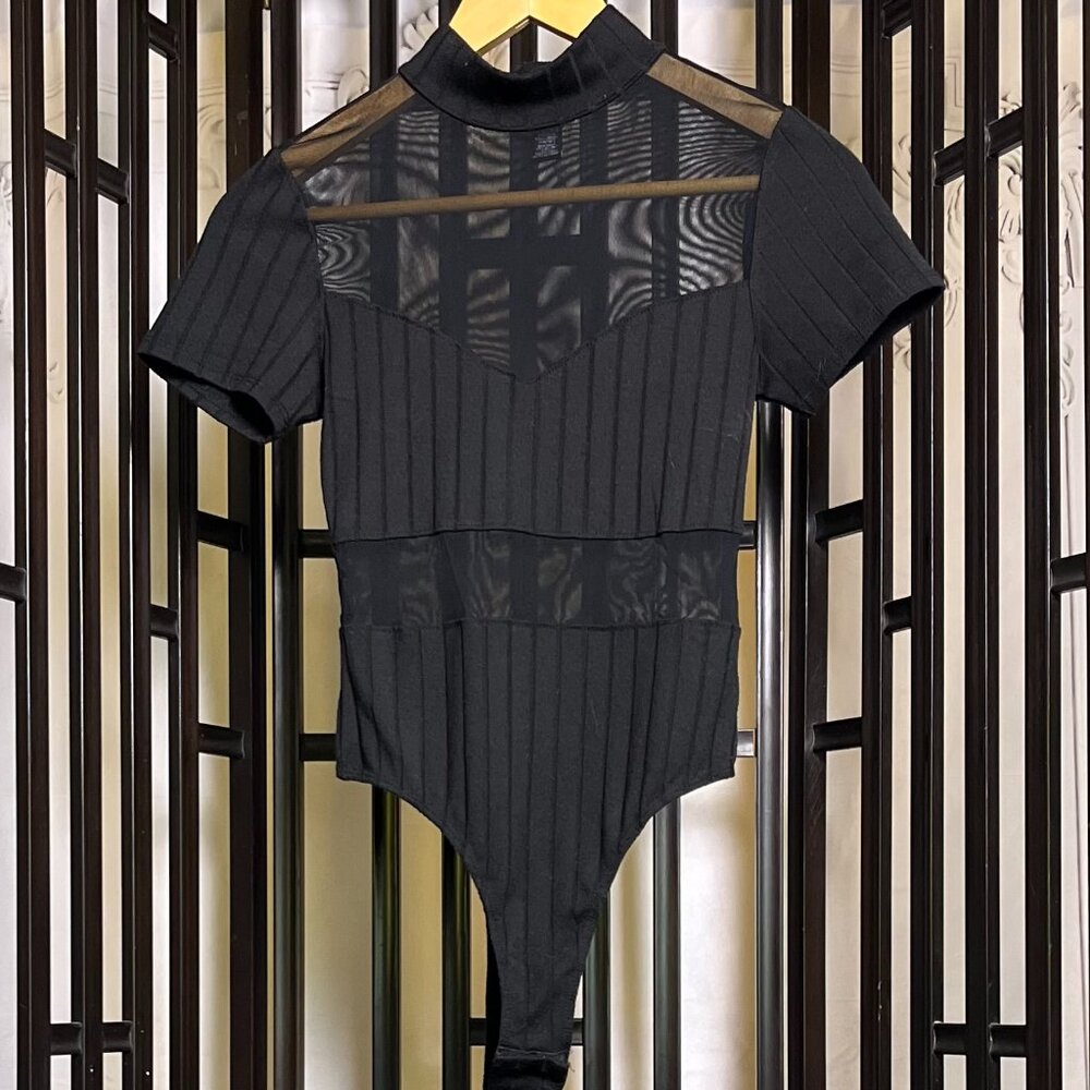 Fashion Nova Black Sheer Mock Neck Bodysuit - Size Small